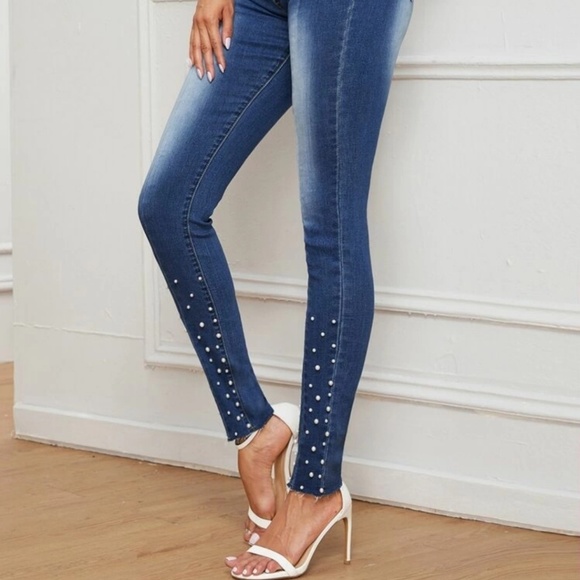 SHEIN Denim - Embelished Faux Pearl Skinny Jeans